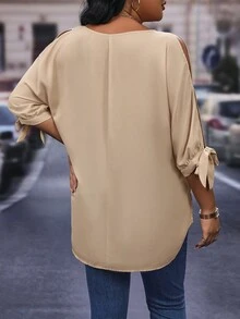 Flirla Hơn Chất rắn Tách Knot Cuff tay cánh Áo sơ mi - Màu Khaki - Xem 2