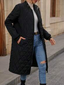 SHEIN Essnce 斜口袋绗缝夹棉大衣冬季 - 黑色 - 查看 3