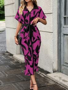 SHEIN Unity Leaf Print Batwing Sleeve Belted Shirt Dress - Multicolor - View 6