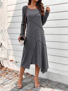 SHEIN LUNE 頂針不對稱下擺T恤洋裝 - 灰色 - 查看 1