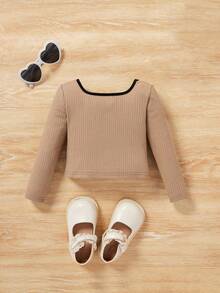 SHEIN Baby Girl Letter Graphic Contrast Trim Top - Khaki - View 2