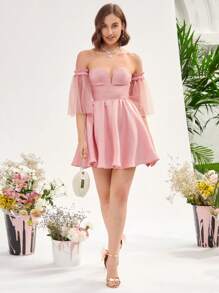 Enchnt Off Shoulder Nếp gấp Phần Ngực Đầm - Hồng - Xem 6