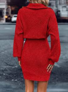 SHEIN LUNE Quarter Zip Drop Shoulder Sweater Dress Fall Winter Cloth For Women - Red - View 2