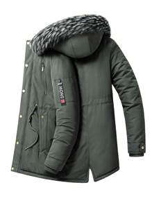 Men Drawstring Waist Fuzzy Trim Hooded Parka Coat, Fall/Winter