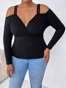 SHEIN CURVE+ Plus Cold Shoulder Ribbed Knit Tee - Black - View 3