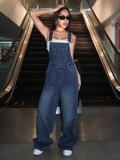 SHEIN EZwear 1pc Slant Pocket Denim Overalls Without Cami Top