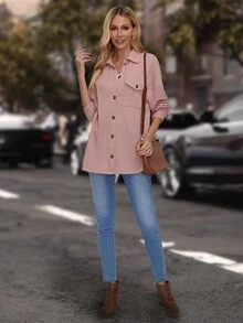 EMERY ROSE 1 pieza Camisa de hombros caídos con bolsillo con solapa con botón delantero - Rosa - Ver 3