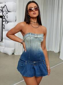 SHEIN ICON Ombre Buckle Belted Tube Denim Dress