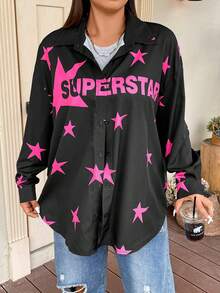 SHEIN Coolane Plus Star & Letter Graphic Drop Shoulder Shirt - Multicolor - View 6