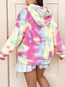 Flirla 加大码扎染袋鼠口袋落肩卫衣 - 粉色 - 查看 4