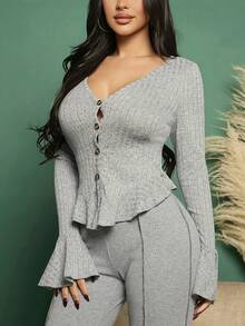 SHEIN SXY 喇叭袖前紐扣荷葉邊下擺T恤 - 灰色 - 查看 3