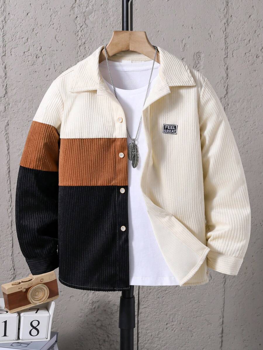 SHEIN Tween Boy Color Block Letter Patched Detail Corduroy Shirt Without Tee - Multicolor - View 1