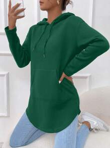 SHEIN Essnce 袋鼠口袋弧形下擺抽繩連帽衫 - 墨綠色 - 查看 7