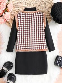 SHEIN Young Girl Houndstooth Print Contrast Binding Vest Jacket & Dress - Black - View 2