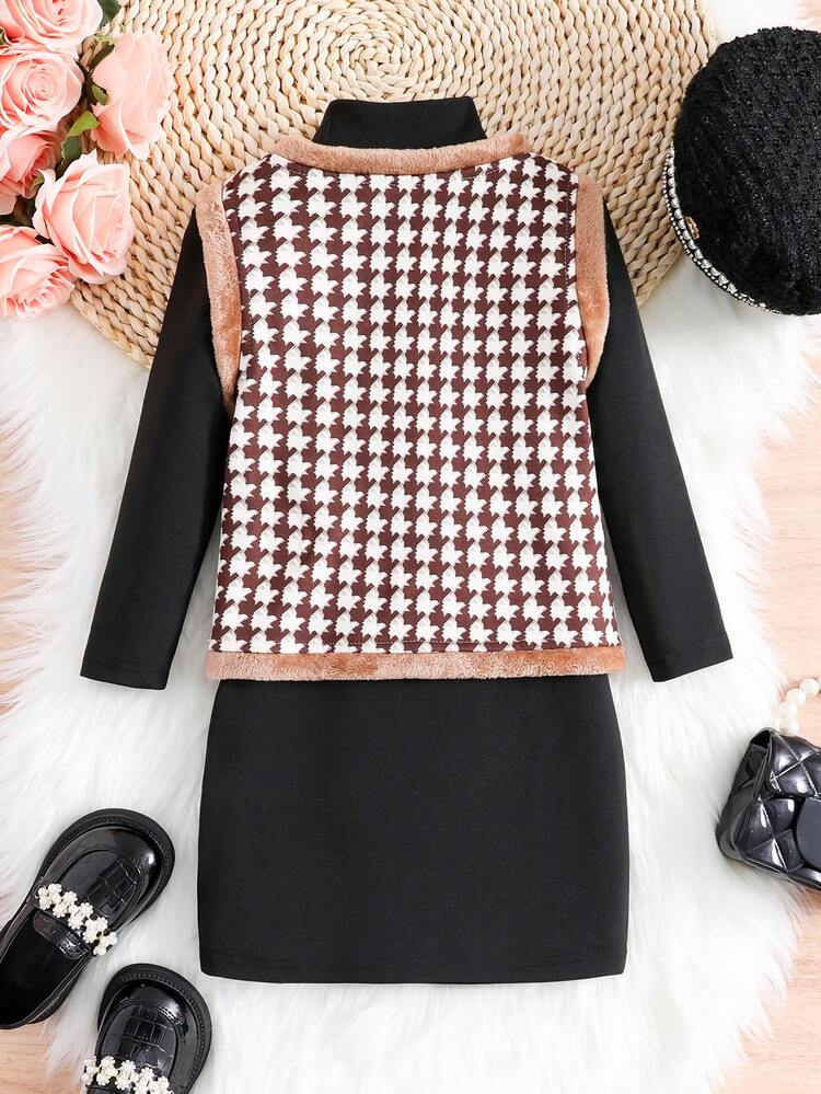 Young Girl Houndstooth Print Contrast Binding Vest Jacket & Dress