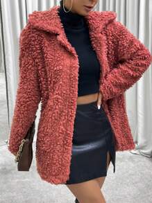 Chiquease 素色開門襟毛茸茸外套 - 紅木色 - 查看 6