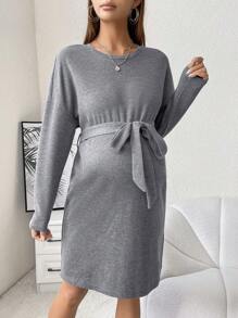 SHEIN Maternity Drop Shoulder Belted Dress - Dark Grey - View 6