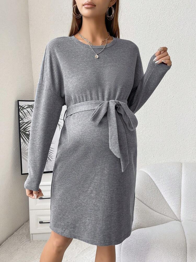 Maternity Drop Shoulder Belted Dress
