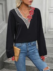 SHEIN LUNE Floral Appliques Lantern Sleeve Blouse