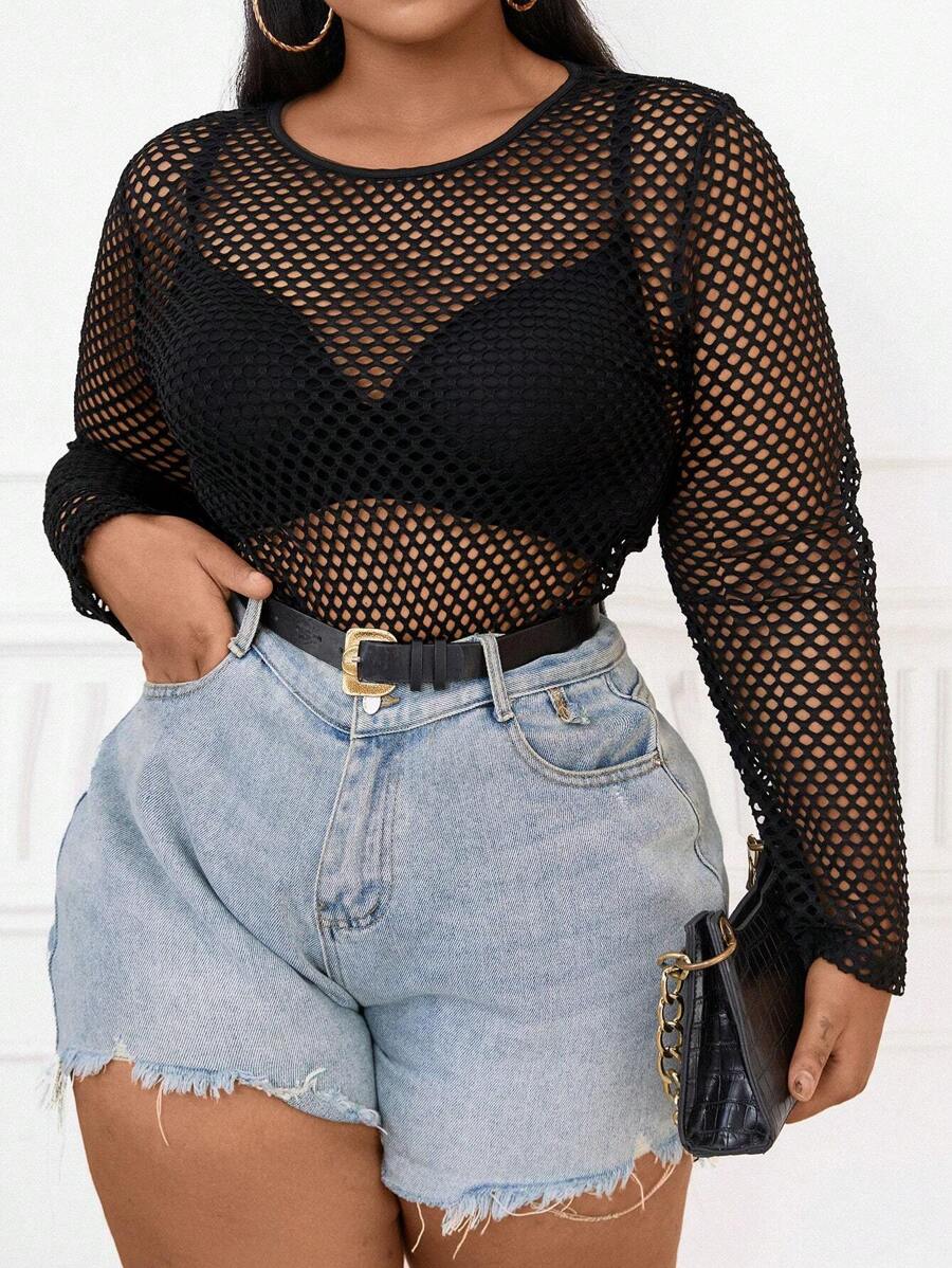 Maweii Plus Size Women's Mesh Hollow Round Neck Long Sleeve Sexy Top Black T-Shirt, Spring/Summer - Black - View 1