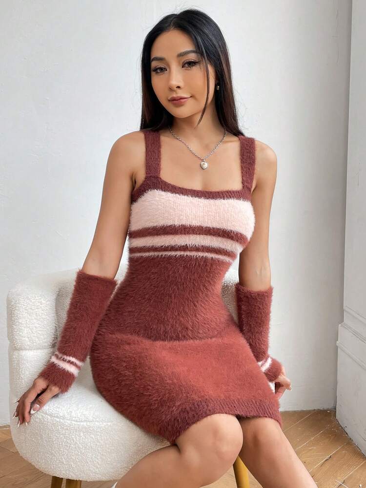 Striped Pattern Fuzzy Sweater Dress With Arm Sleeves