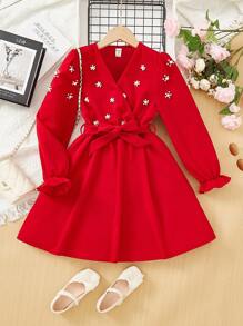 SHEIN Cô gái Tween Ngọc trai đính cườm tay áo lá sen Váy có thắt lưng - Đỏ - Xem 1