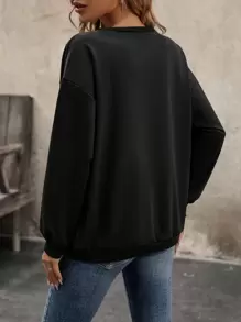 EMERY ROSE Letter & Palm Tree Graphic Drop Shoulder Sweatshirt Pullover Fall Sweatshirt - Black - View 2