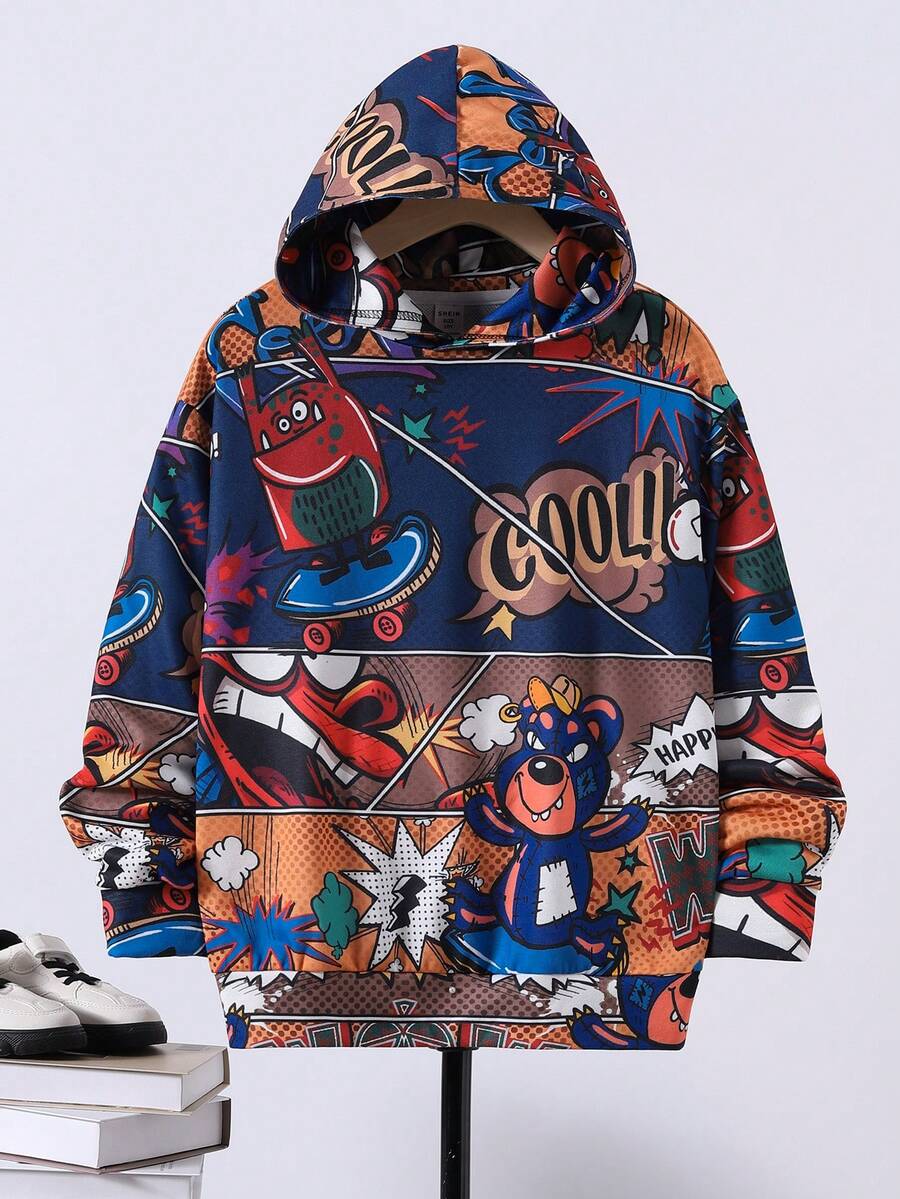 SHEIN Tween Boy Cartoon Graphic Sweatshirt - Khaki - View 1