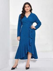 Modelyn Hơn Surplice cổ Viền Ruffle Váy Wrap Hem - Xanh đậm - Xem 4