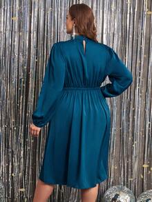 SHEIN Clasi Plus Mock Neck Lantern Sleeve Split Thigh Satin Dress - Navy Blue - View 2