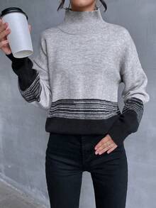 SHEIN LUNE 條紋圖案高領落肩袖套頭毛衣 - 灰色 - 查看 5