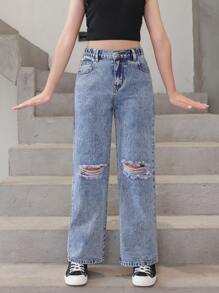 SHEIN Explorewe Tween Girl Ripped Straight Leg Jeans - Blue - View 1