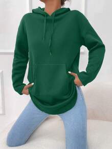 SHEIN Essnce 袋鼠口袋弧形下擺抽繩連帽衫 - 墨綠色 - 查看 6