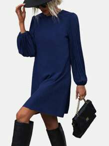 EMERY ROSE Solid Pleated Lantern Sleeve Tunic Dress - Navy Blue - View 5