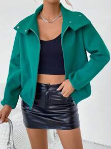 SHEIN Essnce 拉鏈開襟落肩袖花呢外套 - 綠色 - 查看 3