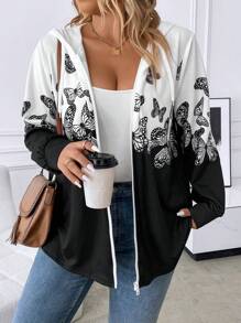 SHEIN LUNE 加大码蝴蝶印花双色拉链卫衣 - 黑與白 - 查看 1