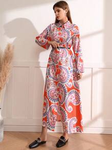 Al Najma Paisley Pattern Button Front Dress Without Waistbelt - Multicolor - View 3