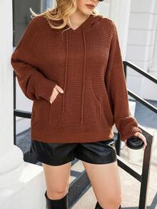 Calvaya Hơn Túi kangaroo Thả vai Dây rút áo có mũ Áo len - Cà phê nâu - Xem 6