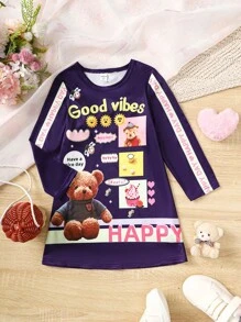 SHEIN 女小童熊和標語圖案拼接側邊接縫洋裝 - 寶藍色 - 查看 1