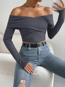 SHEIN Privé Off Shoulder Quấn chéo Top Cây trồng - Màu xanh lam - Xem 6
