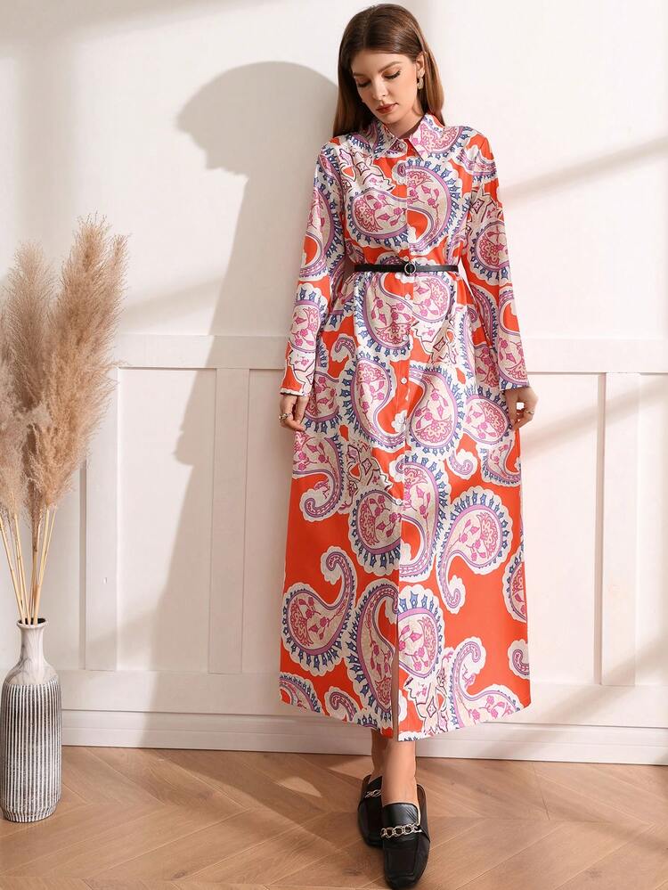 Paisley Pattern Button Front Dress Without Waistbelt