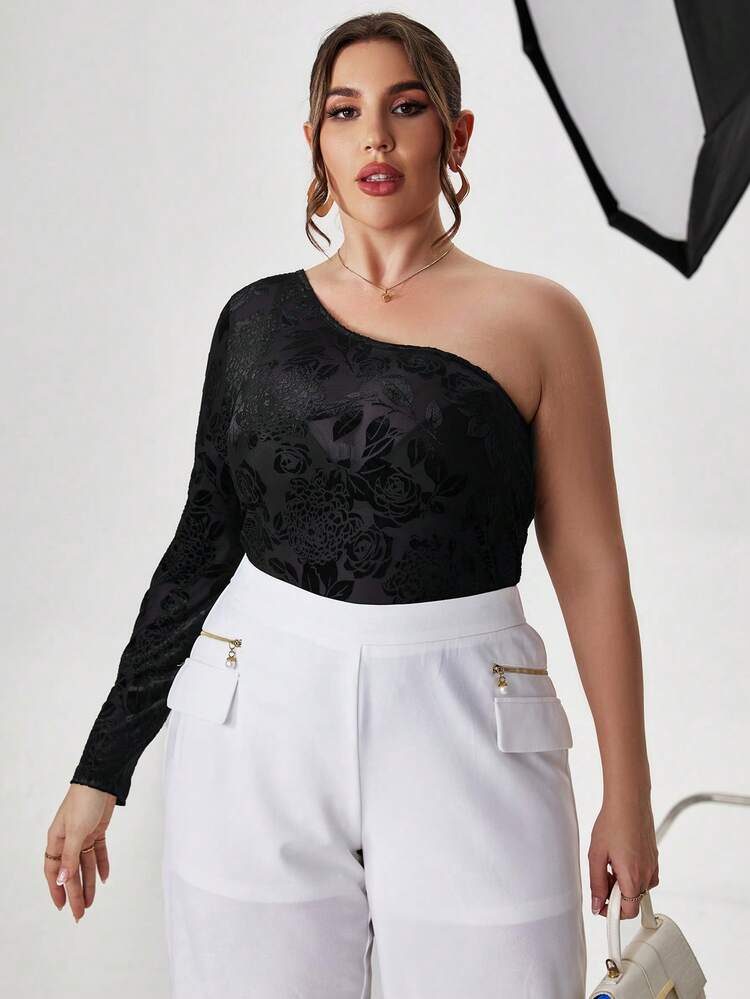 Plus One Shoulder Floral Jacquard Top