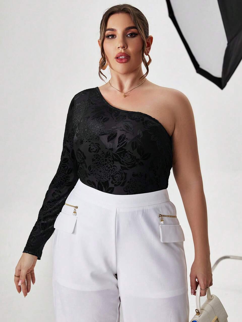 Plus One Shoulder Floral Jacquard Top