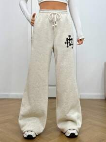 SHEIN EZwear Graphic Print Drawstring Waist Wide Leg Sweatpants - Grey - View 1