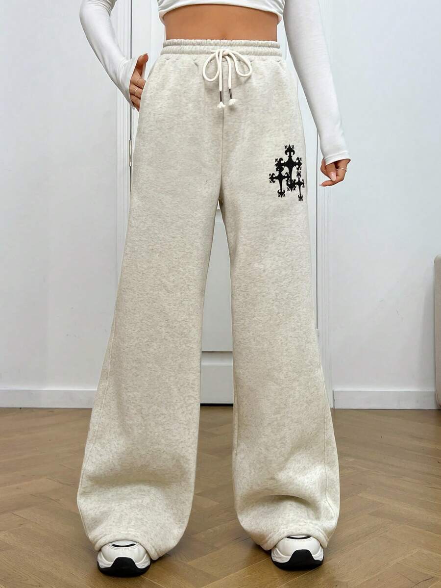 SHEIN EZwear Graphic Print Drawstring Waist Wide Leg Sweatpants - Grey - View 1
