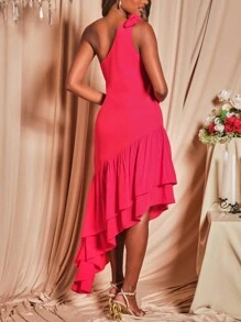 SHEIN One Shoulder Knot Detail Asymmetrical Ruffle Hem Dress - Red - View 3