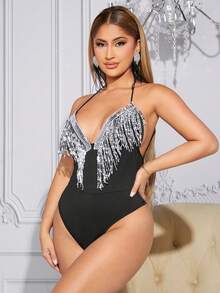 SHEIN SXY Contrast Sequin Fringe Trim Halter Bodysuit - Black - View 4