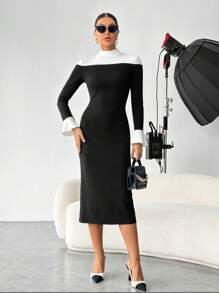 SHEIN Privé Two Tone Mock Neck Flounce Sleeve Bodycon Dress - Black and White - View 6