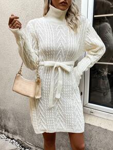 Chiquease High Neck Cable Knit Belted Sweater Dress - Apricot - View 4
