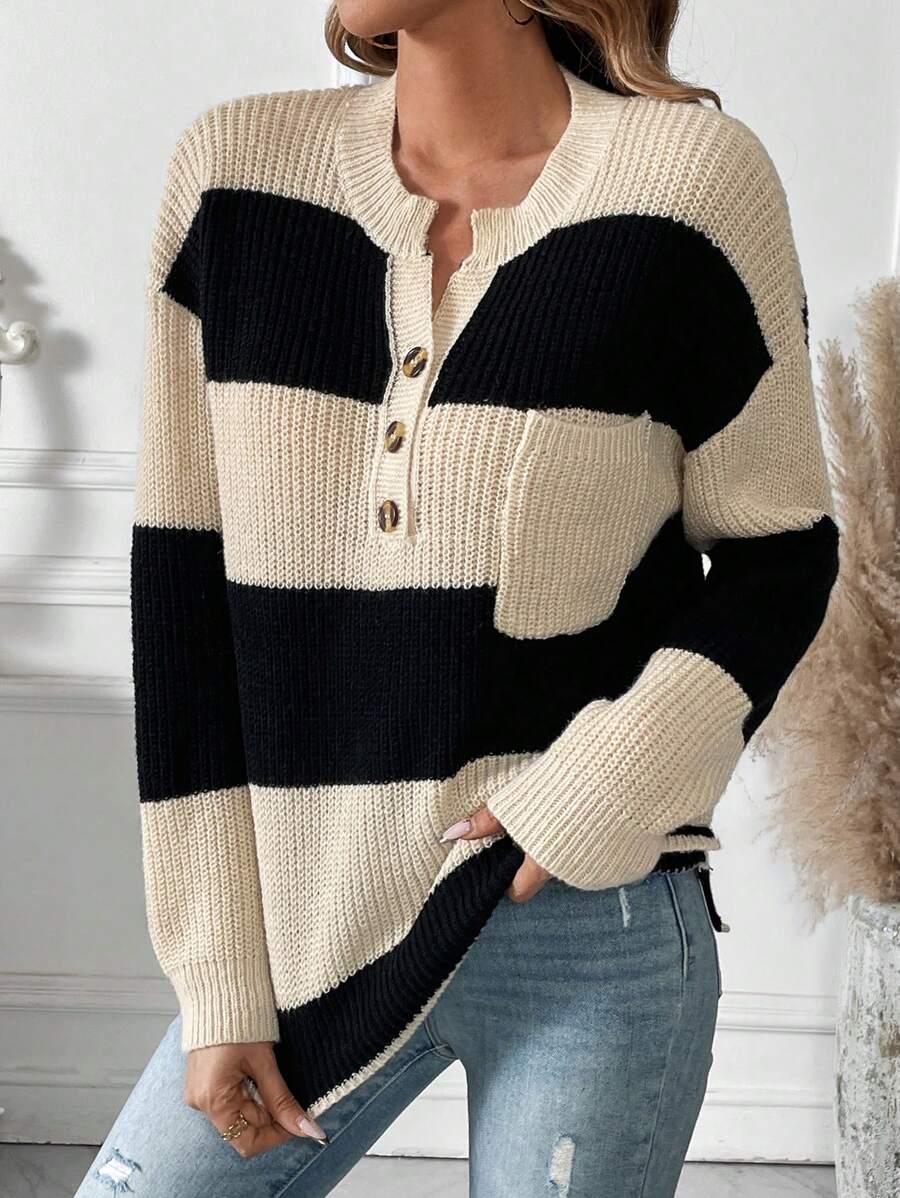 Chiquease Áo len chui đầu phối màu, cài cúc phía trước, vai rớt, có túi, kiểu dáng thu đông. - Nhiều màu - Xem 1